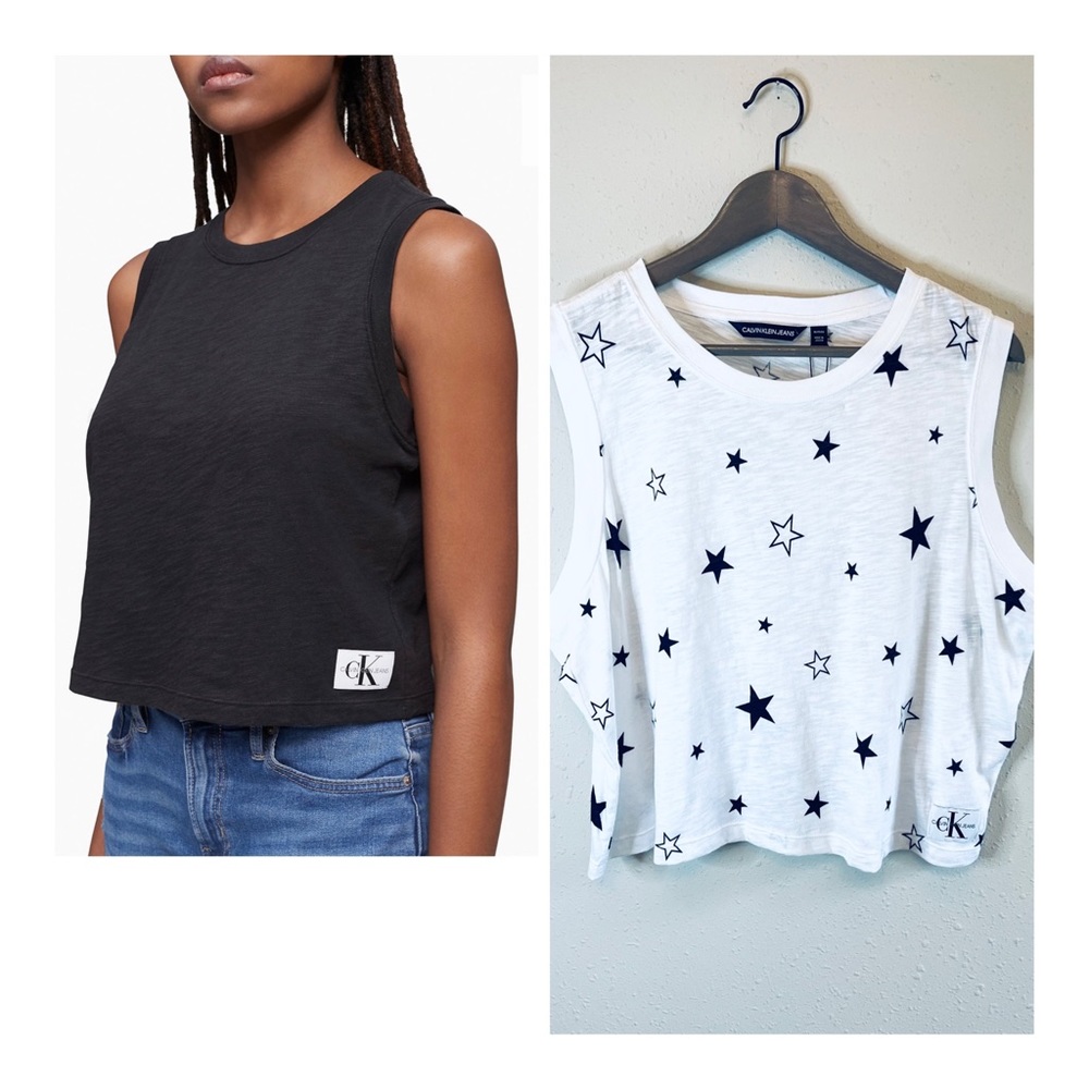 Calvin Klein Jeans Crop Muscle White With Navy Stars Top Size XL NWT